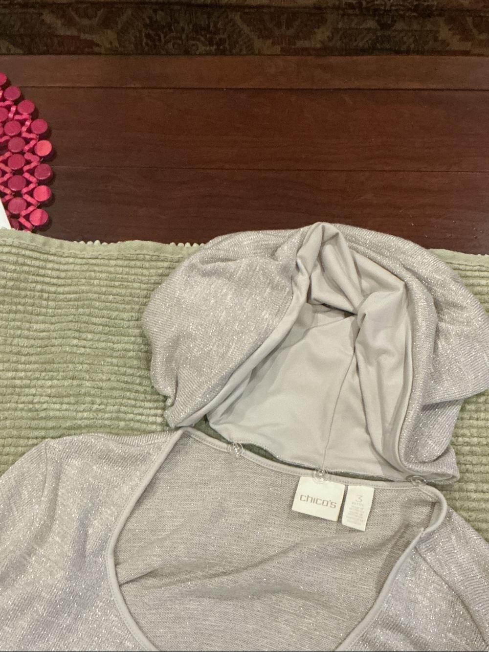 Chico's Light Silver Sparkle Hooded Scoop Neck Sweater